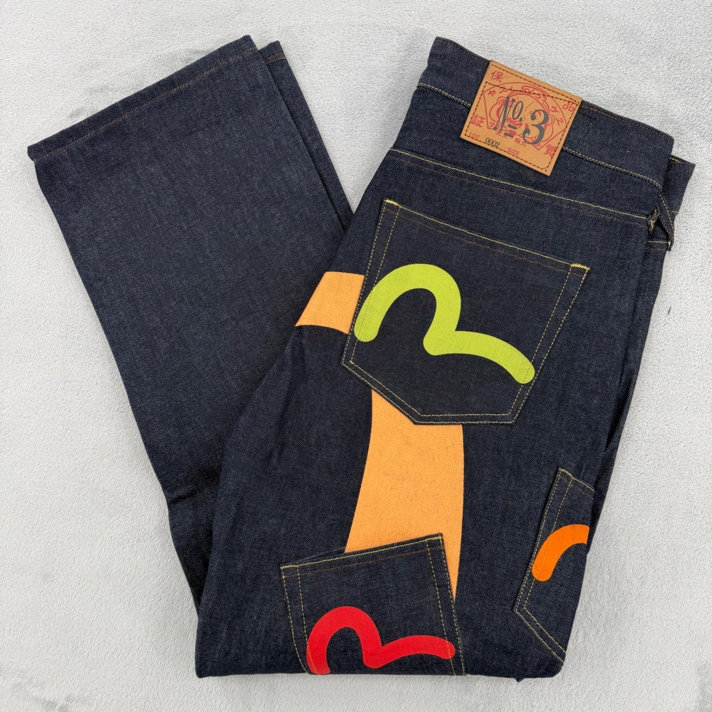 Evisu Genes Osaka Japan Multi Color Seagull Logo Indigo Denim Jeans Mens Sz 34